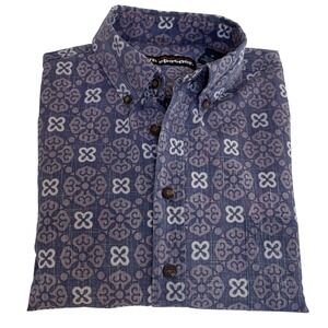 Reyn Spooner Mens M Blue Geometric Medallion Cotton Linen Shirt Made in Hawaii